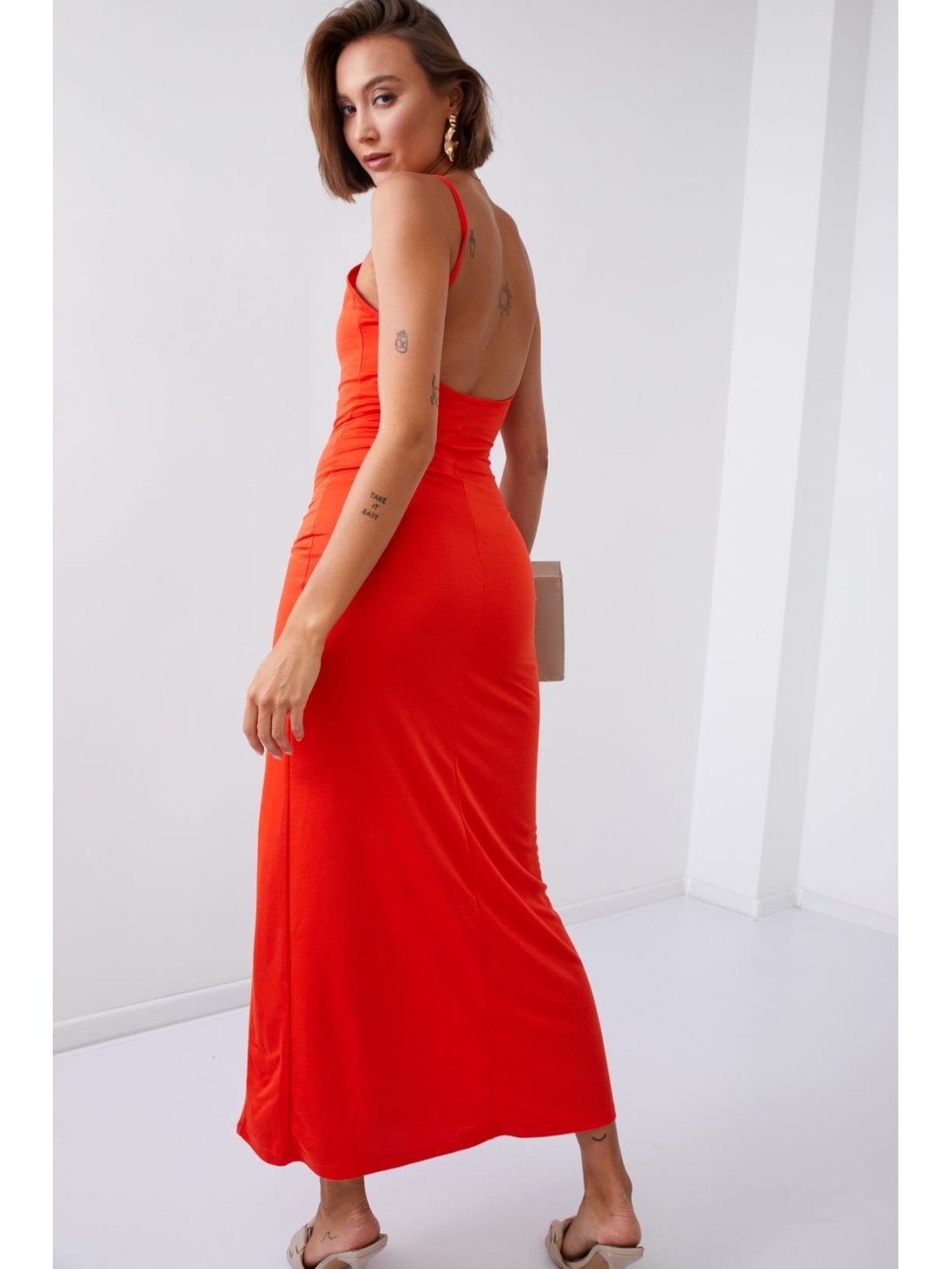 Smooth maxi dress on straps with a slit, brick red 110570 - Online store - Boutique